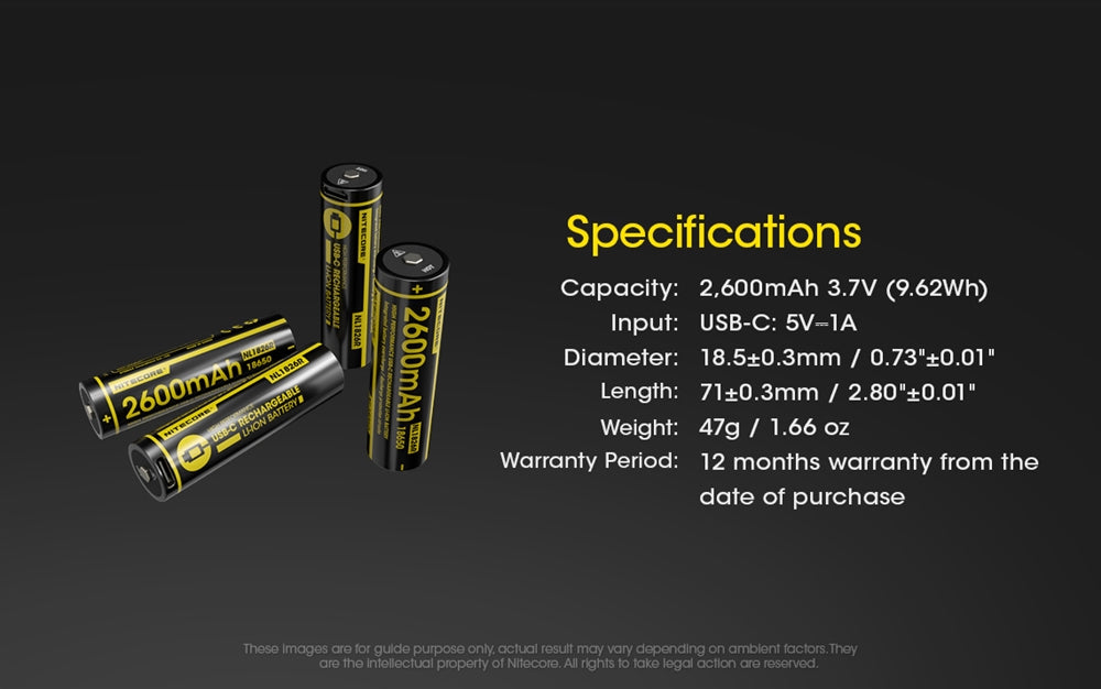 Nitecore 2600mAh USB-C Rechargeable 18650 Button Top Battery