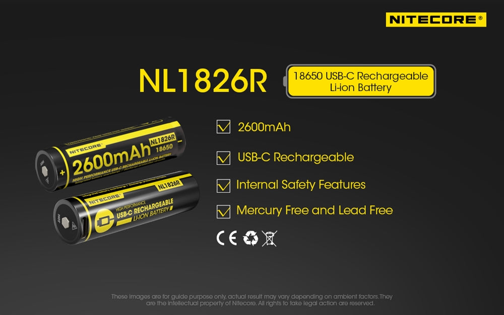 Nitecore 2600mAh USB-C Rechargeable 18650 Button Top Battery