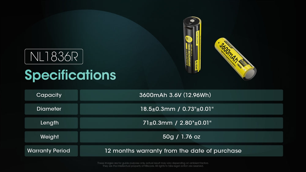 Nitecore 3600mAh USB-C Rechargeable 18650 Button Top Battery